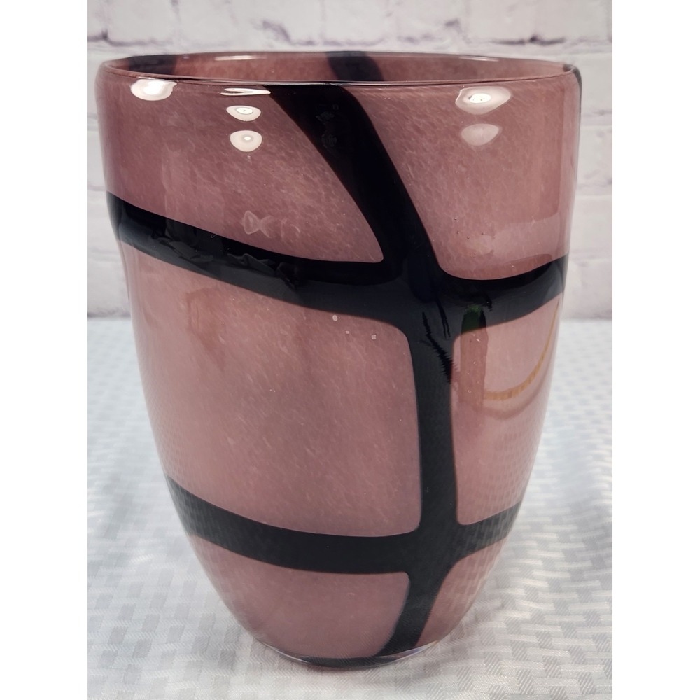 Vintage Murano Art Glass Vase Amethyst Purple Black Abstract Lines MCM 9"